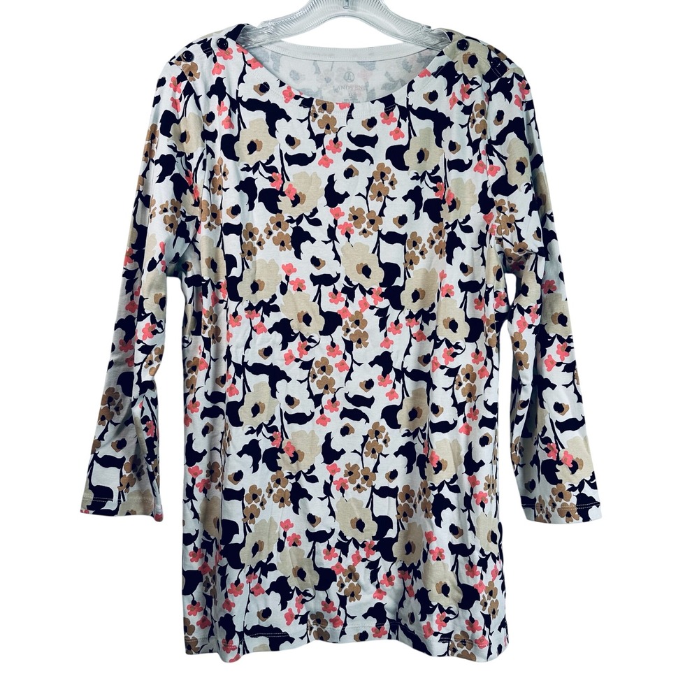 Lands End Womens XL 18 Floral 3/4 Sleeve Boat Neck Cotton Knit Top Cream Pink